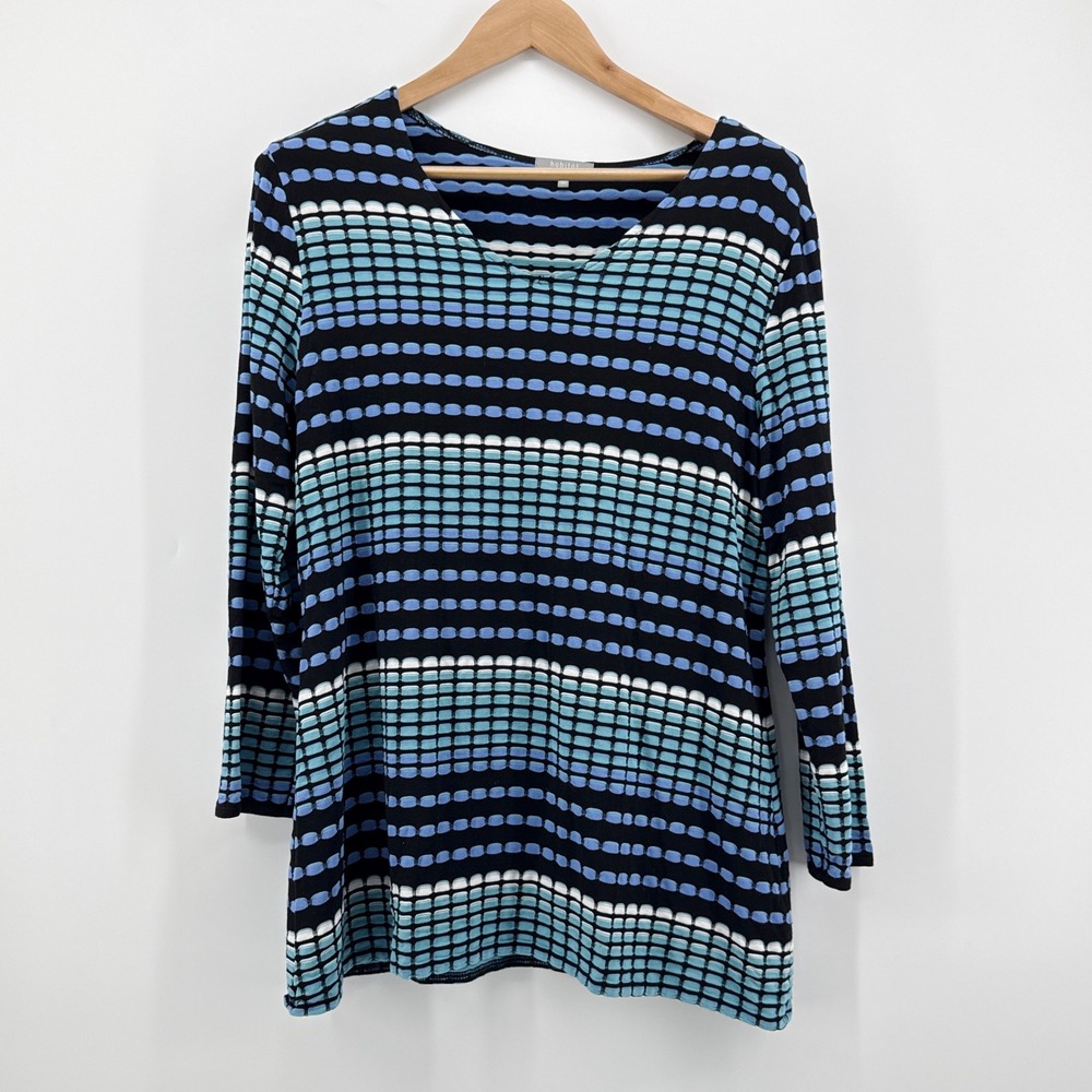 Habitat Clothes To Live In Top M Blue Teal Textured Geometric Stripe Knit Blouse